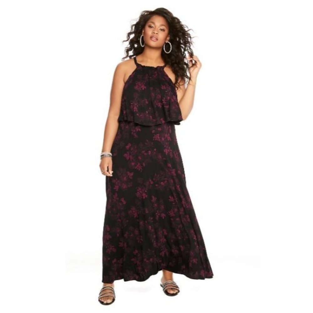 NWT Torrid Floral High Neck Jersey Maxi Dress Stencil Flower 1 XL Black